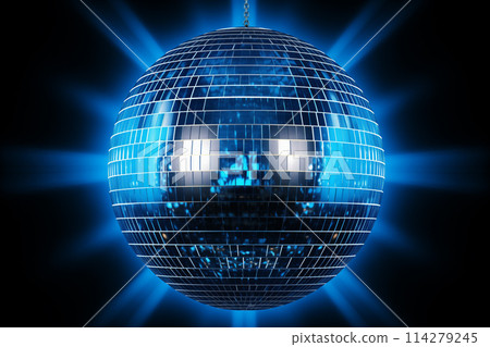 A disco ball is suspended from the ceiling at party, reflecting the lights and creating a festive atmosphere 114279245