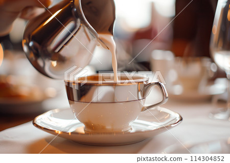 Person pouring milk or cream from metal stainless steel jug into a coffee white ceramic cup. Making hot steaming coffee. Coffee shop, restaurant, cafeteria. Thick Froth. Close-up view. Fresh beverage 114304852