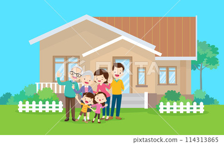 Happy big family in front of house ,rainbow 114313865