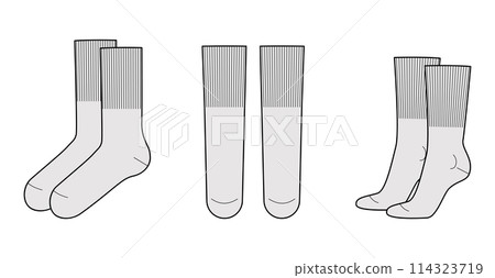 Mid Calf Socks with wide elastic band length set. Fashion hosiery accessory clothing technical illustration stocking 114323719