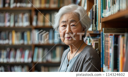 Elderly woman with blond hair smiling in front of bookcase in library 114324602