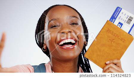 Woman, passport and portrait selfie for travel ticket, immigration and holiday on white background. Excited face of happy african person with ID documents, video call for vacation or flight in studio 114324823