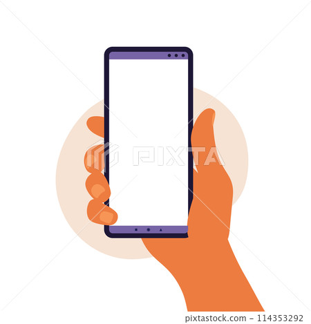 Man hand holding smartphone with blank white screen. Using mobile smart phone. Flat design concept. Vector illustration 114353292