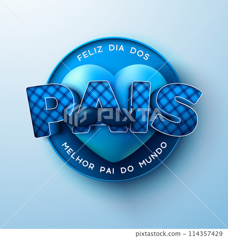 Happy Father's Day Greeting Card Design with Blue Heart and Mustache on Light Background. Feliz Dia dos Pais Portuguese Language Vector Illustration for the Loved and Best Dad. Template for Banner 114357429