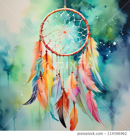 Watercolor illustration of the decoration of bohemian dream catcher. 114386962