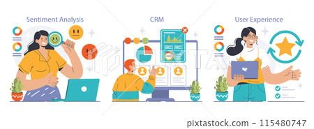 Customer feedback set. Consumer reviews public exchange. Sharing assessment of a purchased goods and services in mobile app or social media blog, leaving a comment. Flat vector illustration 115480747