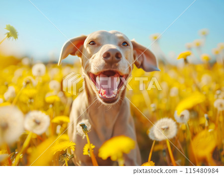 Weimaraner dog joyfully standing in a field of yellow dandelions on a sunny day with a blue sky 115480984