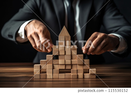 Businessman stacking blank wooden cubes on table. Add text and infographic icon. Generative Ai 115530152