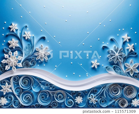 Close-up of a paper quilling artwork depicting a winter scene. The artwork features white paper curls arranged to form a snowy landscape with trees and a decorative arch of snowflakes. Copy space. AI 115571309