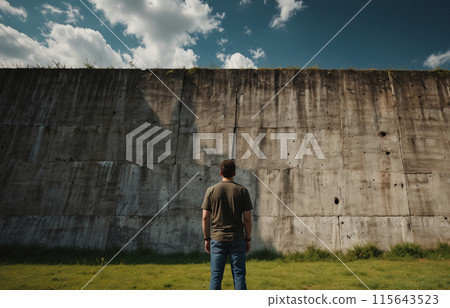 Man staring at a large wall 115643523