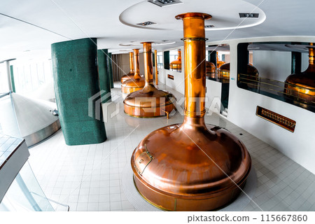 Modern brewery interior with copper kettles 115667860