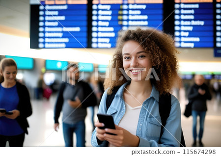 Happy traveler at the airport with phone 115674298