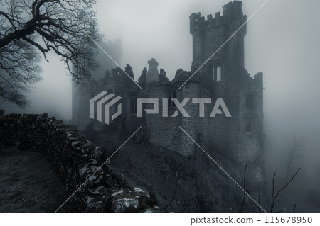 A castle with a foggy sky in the background 115678950