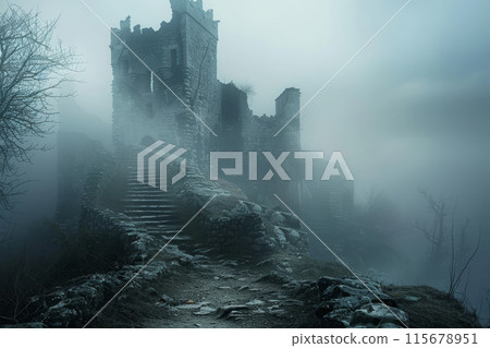 A castle with a foggy sky in the background 115678951