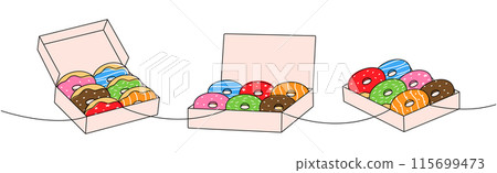 Box donuts one line colored continuous drawing. Bakery sweet pastry food. Vector linear illustration. 115699473