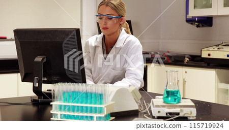 Image of dna strand and human brain over female scientist using computer 115719924