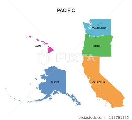 Pacific states, the West Coast of the United States, multi colored political map. United States Census division of the West region, consisting of Alaska, California, Hawaii, Oregon, and Washington. 115761325