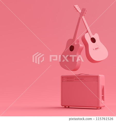 Set of electric acoustic guitars and amplifiers on monochrome background 115761526