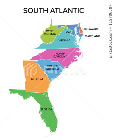 South Atlantic states, multi colored political map. United States Census division of the South region. Delaware, Florida, Georgia, Maryland, North and South Carolina, Virginia, DC, and West Virginia. 115786387