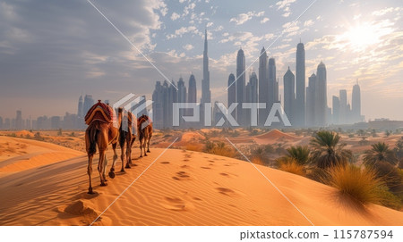 caravan of camels is walking in desert in background of skyscrapers of city of Dubai . 115787594