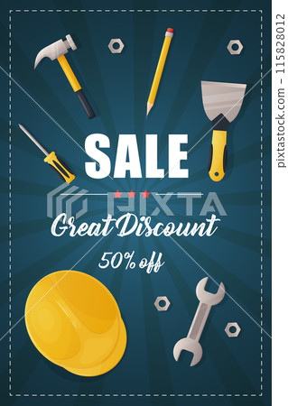 Banner, discount poster, sale, happy labor day, advertising blue background and construction tools. 115828012