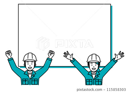 Male and female workers happy with whiteboard and hands raised 115858303