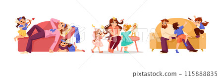 Tired Parent with Naughty Children Playing Around Vector Set 115888835