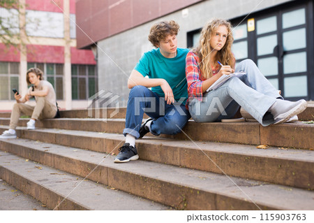 Teenagers doing homework on stairs outdoors 115903763