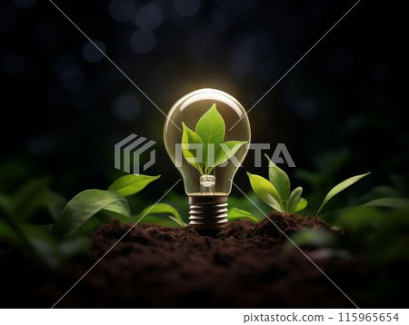 Energy saving light bulb and green plant in soil with bokeh background 115965654