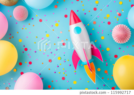 Colorful background with rocket, balloons and copy space. Birthday backdrop with empty space for text. Invitation or greeting card. Playful, vibrant design. Event for kids. Generative AI. 115992717