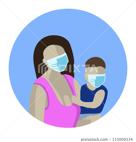 Vector isolated illustration of mother with child in medical masks. Child care hospital. 115008334