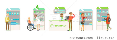 Smiling People Character at Pharmacy Store Choosing and Buying Drugs Vector Set 115059352