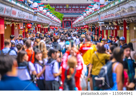 Tokyo cityscape in Japan: Senso-ji Temple in the morning crowded with tour groups, children, and foreign tourists on May 30th 115064941