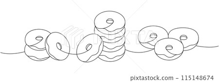 Sweet donut set. Take away donuts one line continuous drawing. Bakery sweet pastry food. Vector linear illustration. 115148674