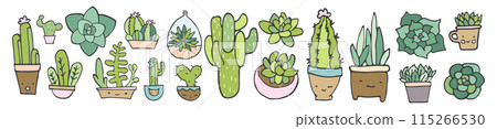 Cute cartoon cacti and succulents in pots, colorful doodles, perfect for nature-themed designs. 115266530