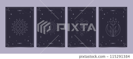 Tarot cards set - esoteric mystical deck with spiritual symbols. Vector design template, boho style 115291384