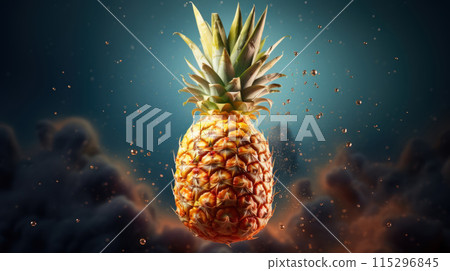 Ripe juicy large pineapple on smoky dark background 115296845