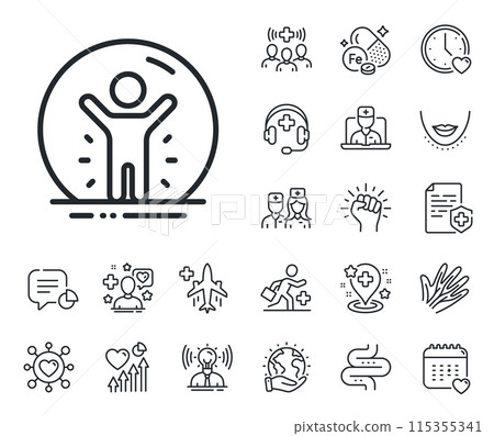 Coronavirus pandemic sign. Online doctor, patient and medicine outline icons. Recovered person line icon. Covid-19 quarantine symbol. Recovered person line sign. Vector 115355341