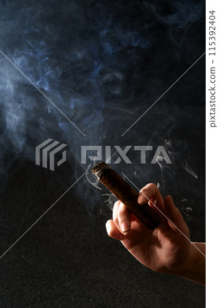 a hand holding a smoking cigar 115392404