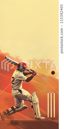 Creative vertical artwork. Man, cricket player in red helmet and white uniform in motion, hitting ball with bat, showcasing precision and determination. 115392405