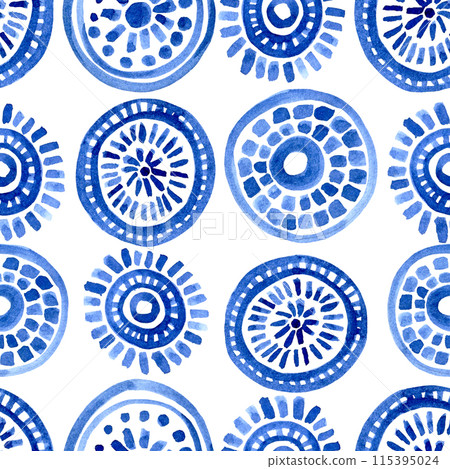 seamless pattern of blue ethnic patterns, circles and spirals. abstract print 115395024