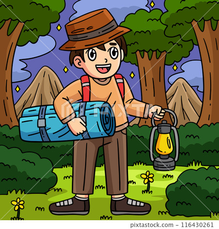 Camping Camper with a Sleeping Bag Colored Cartoon 116430261