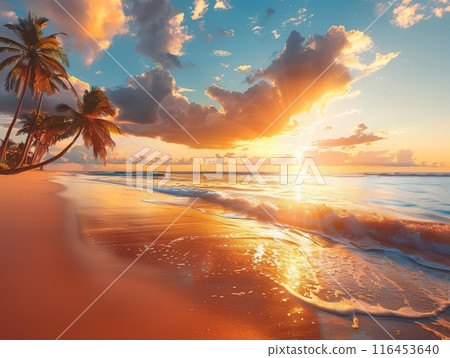 Warm summer glow on beach, fiery orange sky melts 116453640