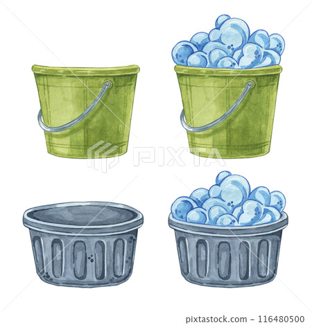 Set of washing buckets, empty and with blue foam. Household cleaning utensil watercolor illustration. Clipart for housekeeping, janitorial services, sticker, flyer, spring cleaning and posters 116480500