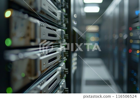 Server room with numerous racks holding powerful computers is running smoothly 116506524