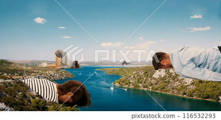 Contemporary art collage. Exhausted office workers lie draped over coastal landscape, embodying need for summer escape from daily grind. 116532293