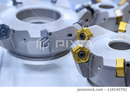 Close up scene the face milling tool for rough cutting process. 116540792