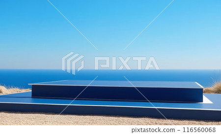 A podium against a background of blue sky and sea 116560068