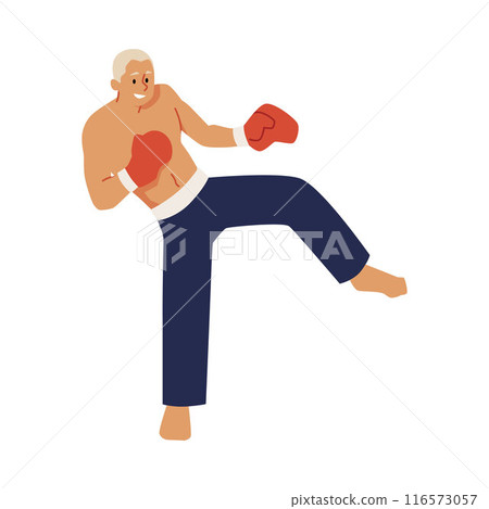 Vector illustration with young kickboxers in sportswear and gloves, training kick embodying sportsmanship 116573057