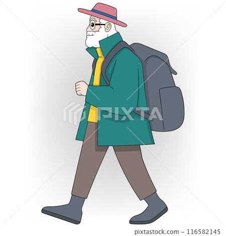 Elderly Man Walking with Backpack and Pink Hat on an Adventure 116582145